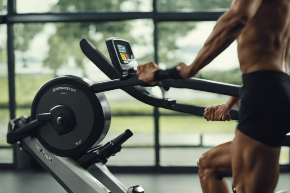 the essence of rowing machine workouts for joint flexibility: Depict a serene gym setting with a rowing machine at the center