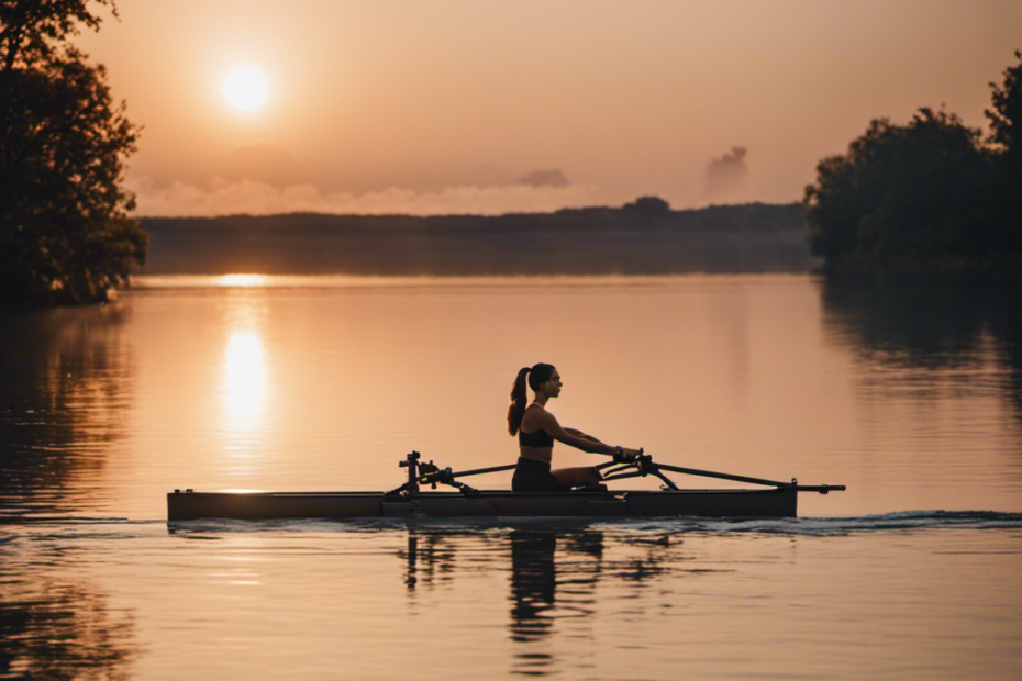 An image featuring a fit woman on a rowing machine, gracefully gliding through serene waters at sunrise