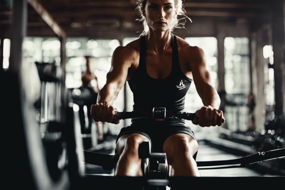 An image capturing the intense energy of a rowing machine workout: a determined athlete, muscles glistening with sweat, pulling forcefully on the oar, while the rowing machine's resistance setting challenges their strength