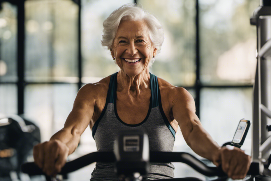 An image showcasing a smiling senior effortlessly rowing on an indoor rowing machine, surrounded by a serene and well-lit workout space, adorned with motivational wall decals and a shelf displaying water bottles and a towel