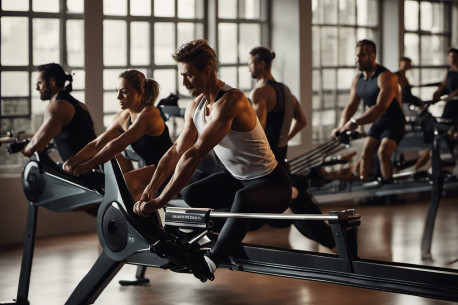 An image showcasing a sleek rowing machine, surrounded by a diverse range of individuals in intense workout poses