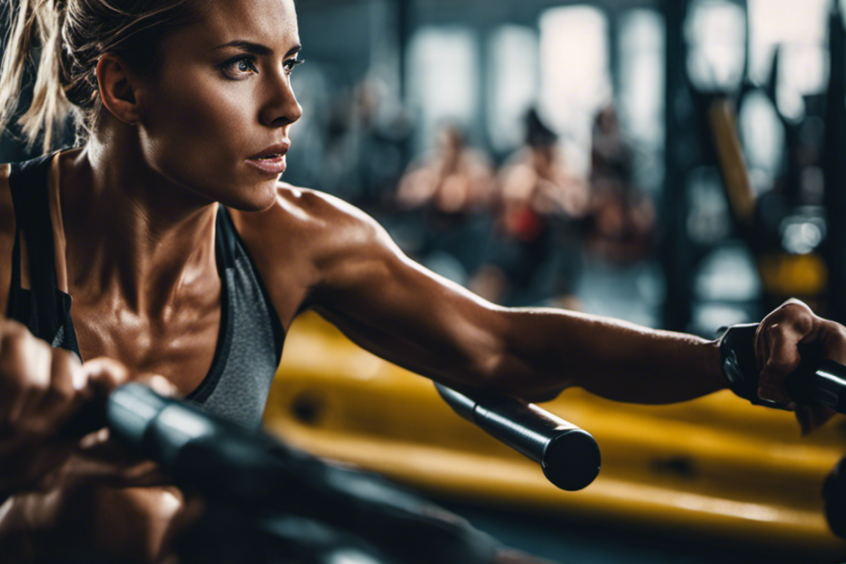 An image of a rowing machine with high-intensity workouts in action: a determined athlete with sweat dripping, pulling hard on the handle, surrounded by a vibrant gym environment with other rowers focused on their intense routines