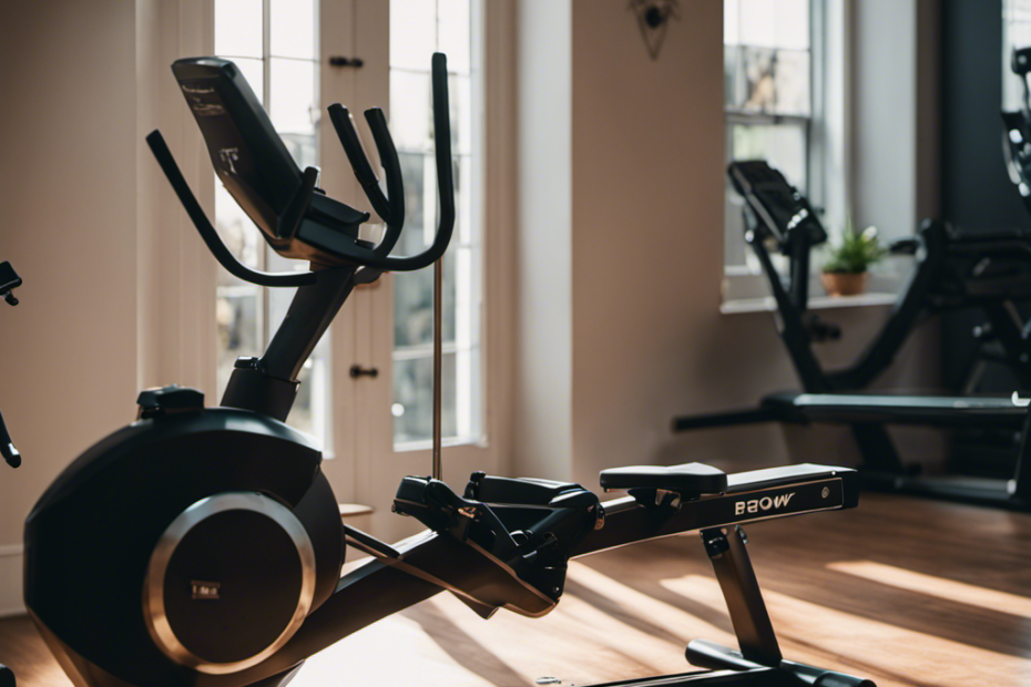 An image showcasing a spacious home gym, adorned with a sleek, space-saving foldable rowing machine against a backdrop of motivating wall art, surrounded by natural light streaming through large windows