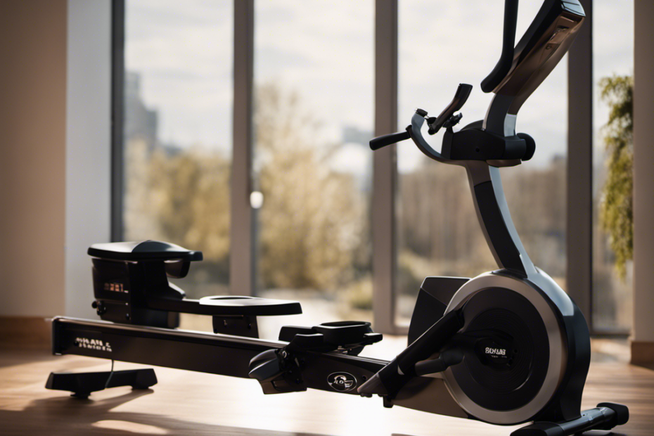 An image showcasing a sleek, space-saving compact rowing machine, nestled effortlessly in a cozy corner of a contemporary apartment