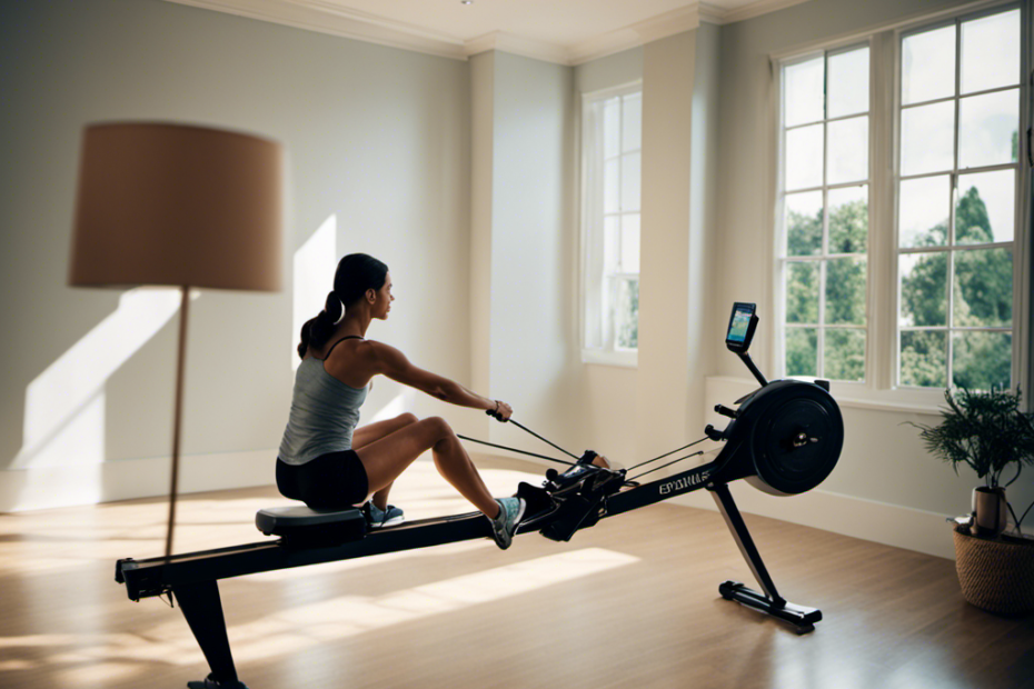 An image showcasing a rowing machine in a bright, airy room with soft natural lighting