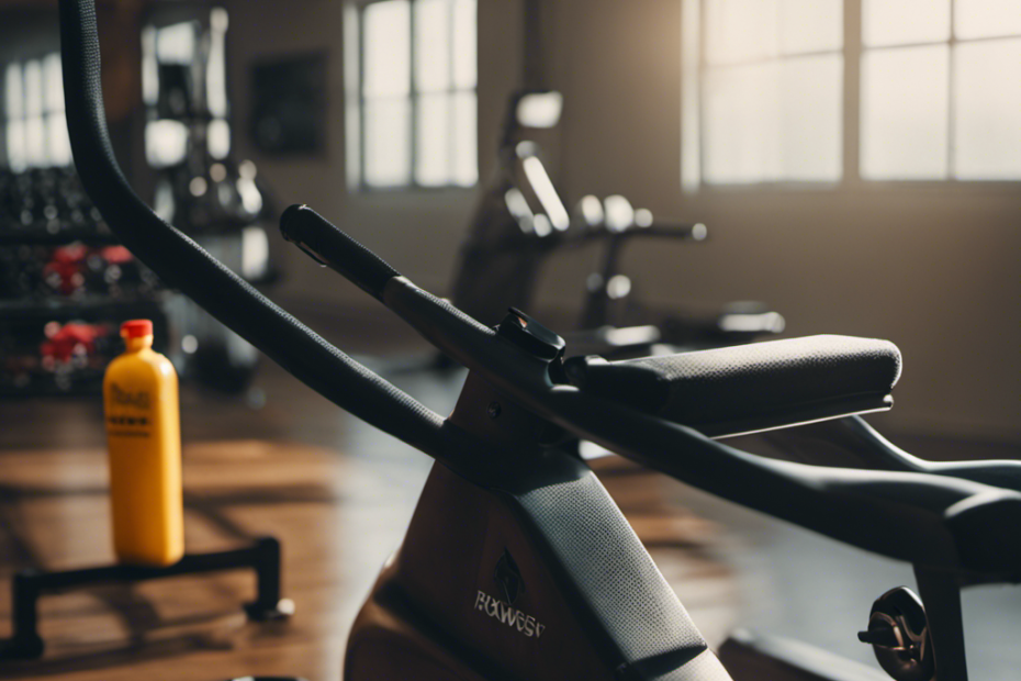 An image showcasing a rowing machine positioned in a brightly lit room with a person in workout attire, dripping with sweat, passionately rowing, surrounded by motivational posters, a water bottle, and a towel