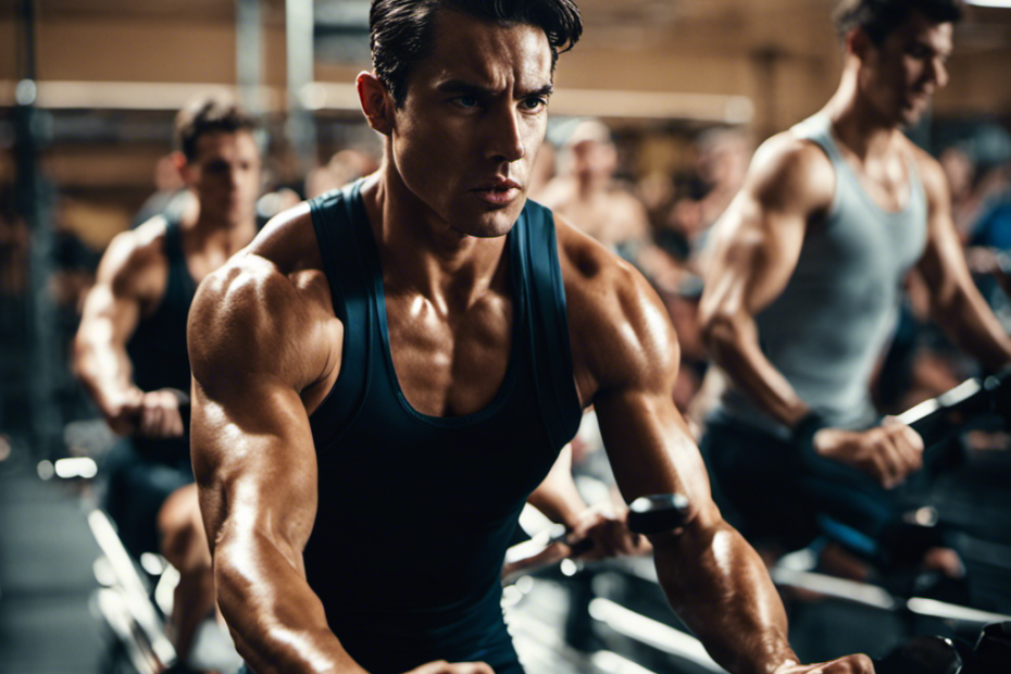 An image that captures the intense determination on an athlete's face as they powerfully pull on a rowing machine, showcasing the fluid motion of their body and the sweat dripping down, emphasizing the crucial role of rowing machine workouts for athletes
