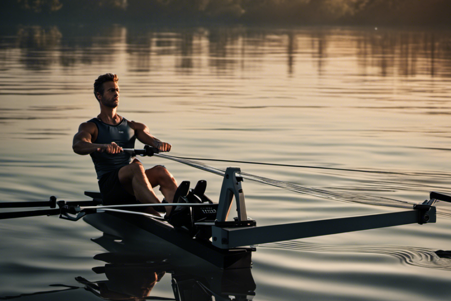 An image that showcases the sleek design and smooth, fluid motion of a water resistance rowing machine, contrasting it with the compact and versatile features of a magnetic resistance rowing machine